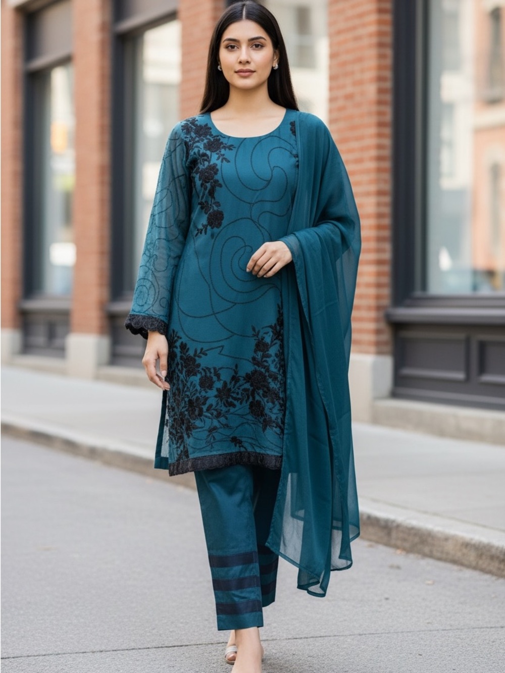 3 piece Teal Embroidered Women's kurta set- pakistani outfit